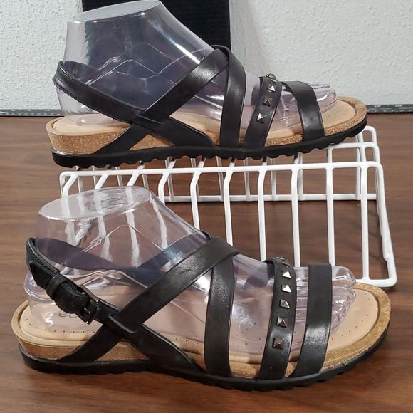 Ecco Dagmar Black Leather‎ Strappy Tough Rocker Studded Sandals Size 38 / 7 - 7½ - Picture 1 of 11